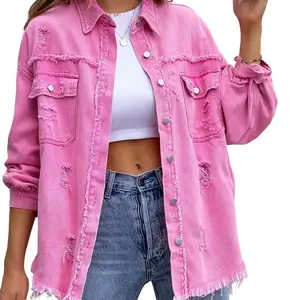 Womenswear Solid color mid-length ripped long sleeve denim jacket distressed shacket Fashion Casual Comfort denim bomber jacket Tops Shirt Vintage Coat Hipster Polyester