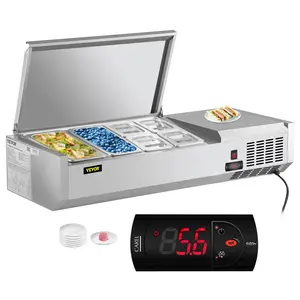 Father's Day Gift VEVOR Refrigerated Condiment Prep Station, 48-Inch, 10.8Qt Sandwich/Salad Prep Table with 2 1/3 Pans & 4 1/6 Pans, 150W Salad Bar with 304 Stainless Body and Cover Temp Adjuster One-Click Defrosting