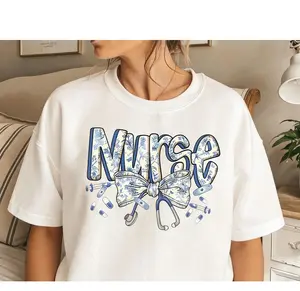 Coquette Bow NurseT-shirt, cotton Cute Retro Nurse Shirt, Nurse Gift, Blue Chinoiserie Crewneck, Toile De Jouy Nurse Tee