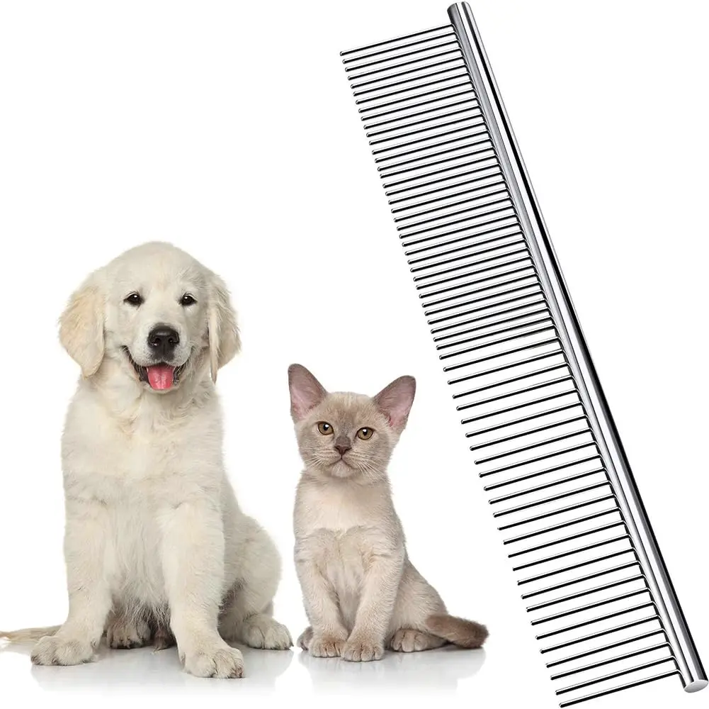 Stainless Steel Grooming Comb for Long-Haired Dogs & Cats - Round Teeth, Rust-Proof, Skin-Safe Professional Pet Grooming Tool for Tangles & Knots Removal