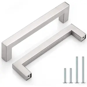 30 Pack 5 Inch Brushed Nickel Cabinet Handles Square Drawer Pulls for European Style Cupboard 5.5 Inch Total Length with 25mm & 45mm Screws