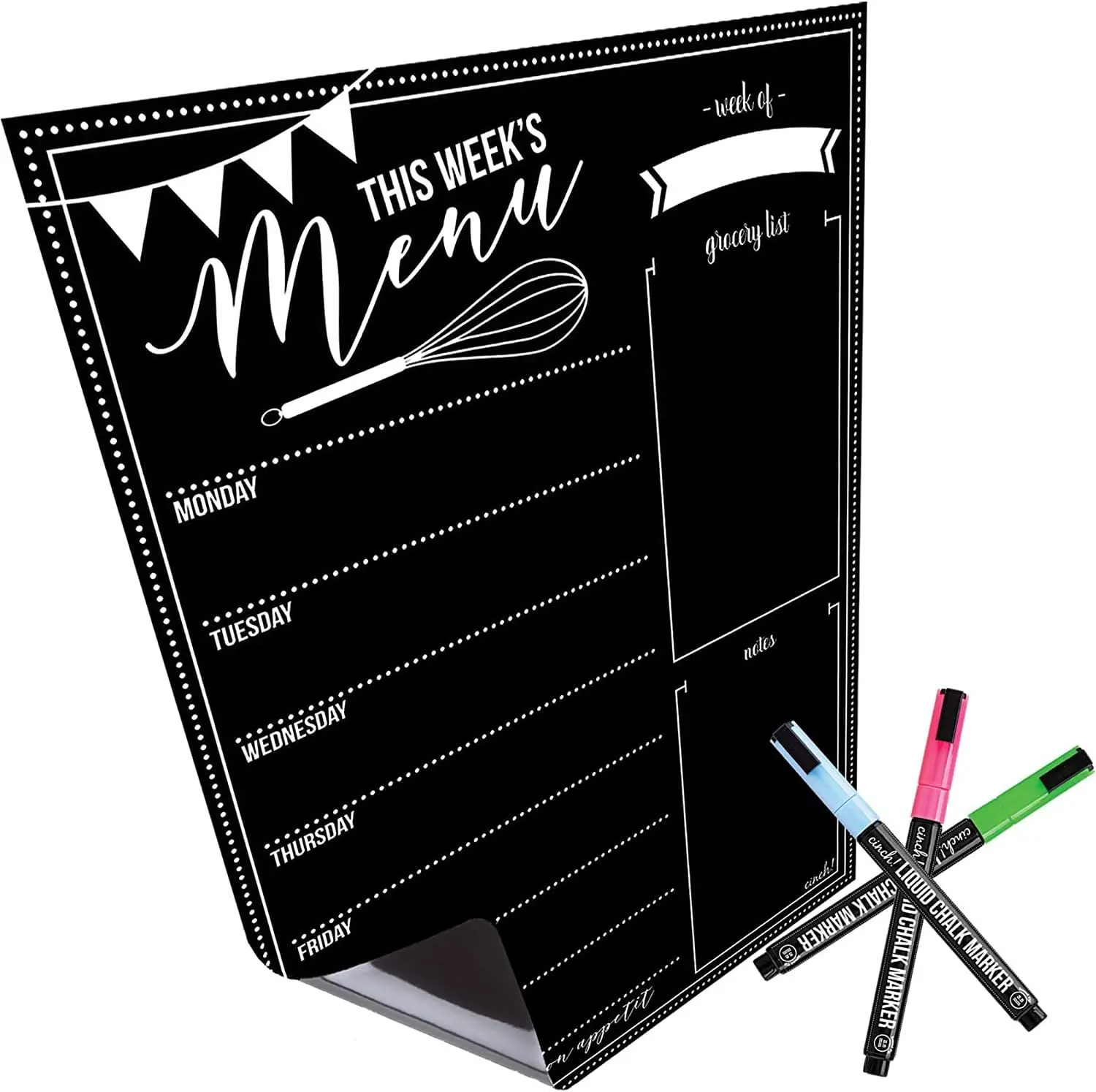 Magnetic Refrigerator Weekly Meal Planning Board (16in x 12in) - Monthly Planner Magnet, Kitchen Home Decor Accessory, Chalkboard Calendar with 3 Neon Markers for Mums, Convenient Grocery List Tool
