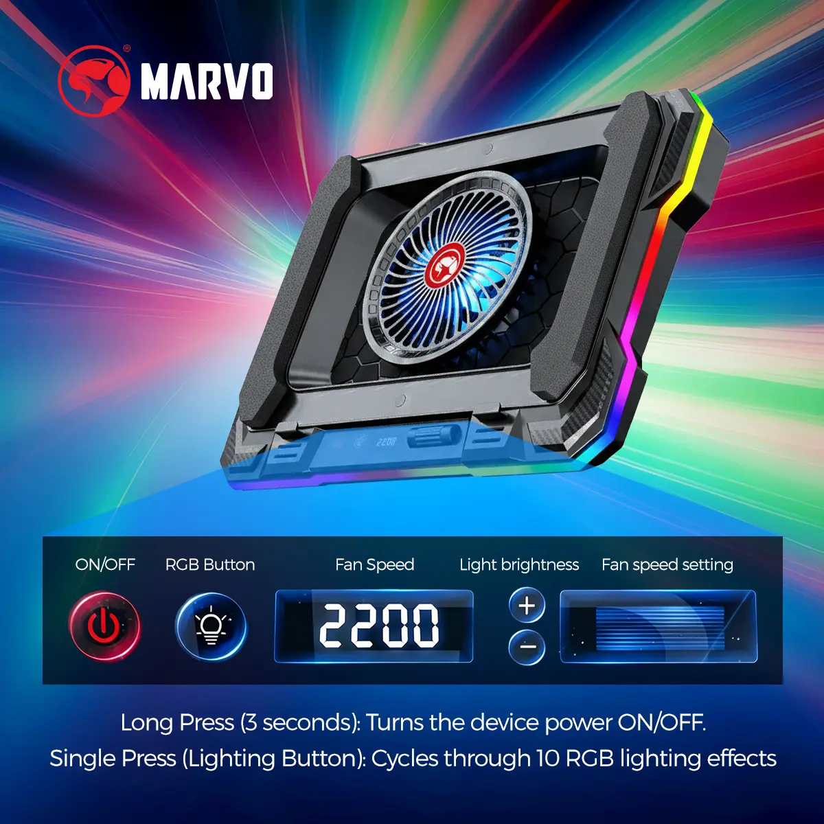 Marvo Gaming Laptop Cooler Pad - 140mm High-Speed Fan Cooling, 7-Level Ergonomic Support, 10 RGB Lighting Modes + Blue Light, LED Display, Dual USB Ports, 1.2KG ABS Build, PC Accessories, Gaming Items for 14-19in PC & Devices