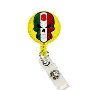Mexico Skull Flag Badge Reel Funny Nurse Doctor CNA ID Holder Badge Clip Retractable 25 inch Extension Yazzle Dazzle Original Artwork Jalisco Sinaloa Country State Province Cuisine
