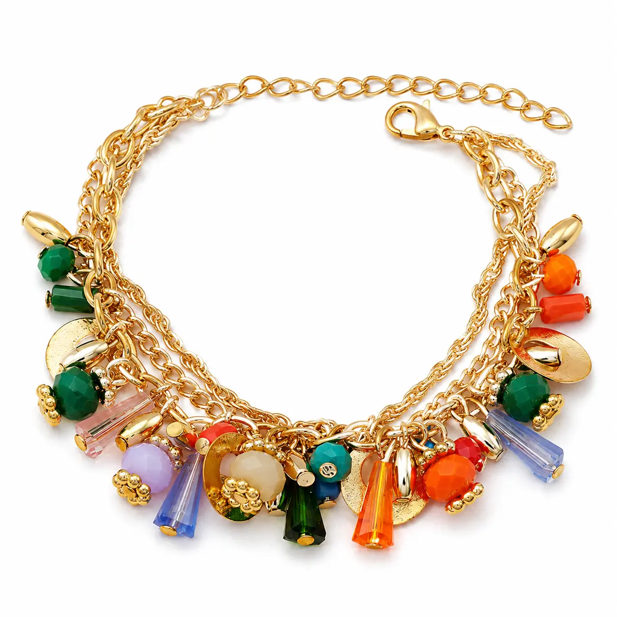 Women's Multi-Layered Colorful Charm Bracelet - Gold-Plated Alloy, Adjustable Length, Mixed Beads, Crystal Accents, Disc Charms, Boho Party-Ready Costume Jewelry for Vacation & Gift