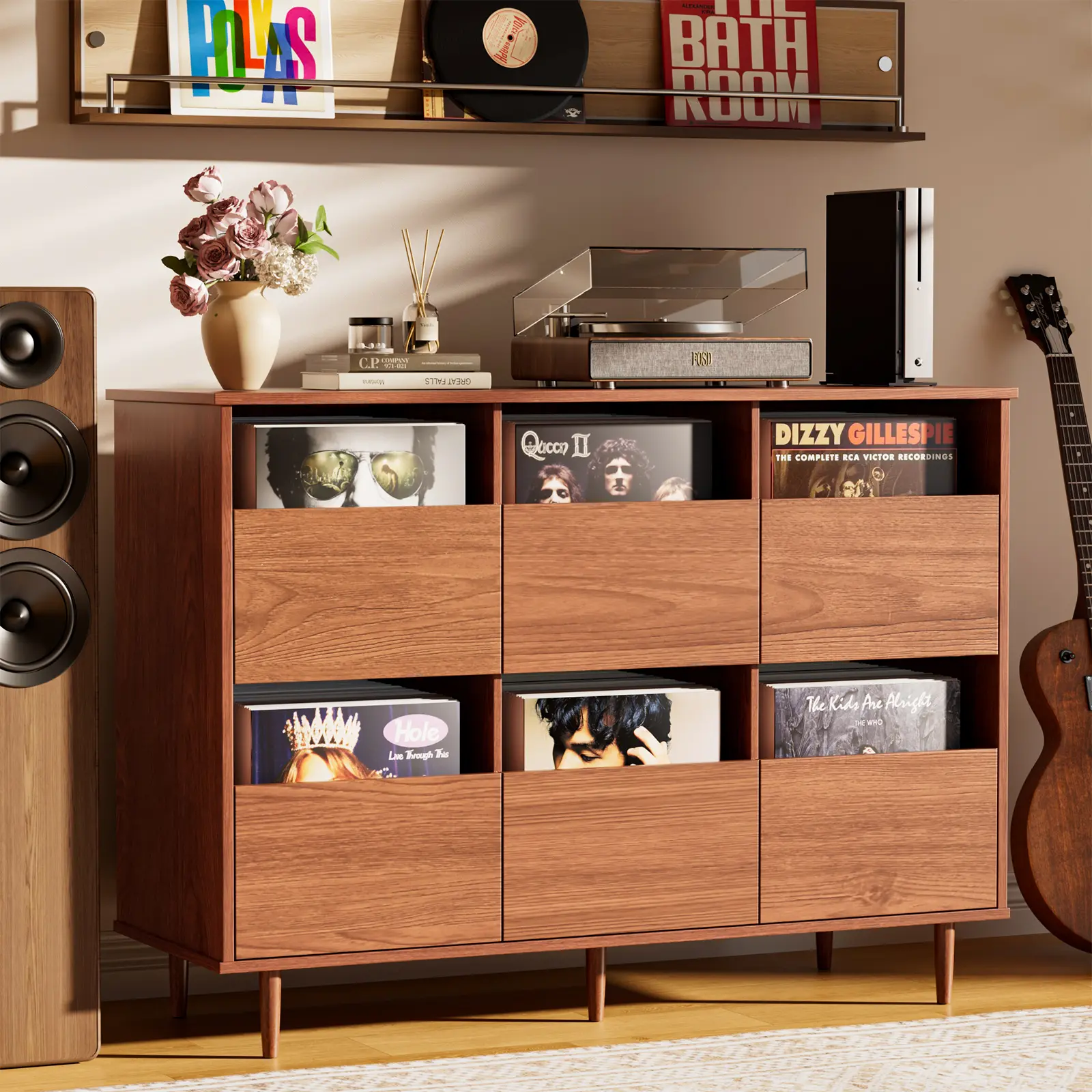 MIIFUNY Large Record Player Stand with Vinyl Storage , 2-Tier Record Storage Cabinet, Mid Century Turntable Stand, Vinyl Record Storage with Shelves for Bedroom, Living Room, Office (Walnut)
