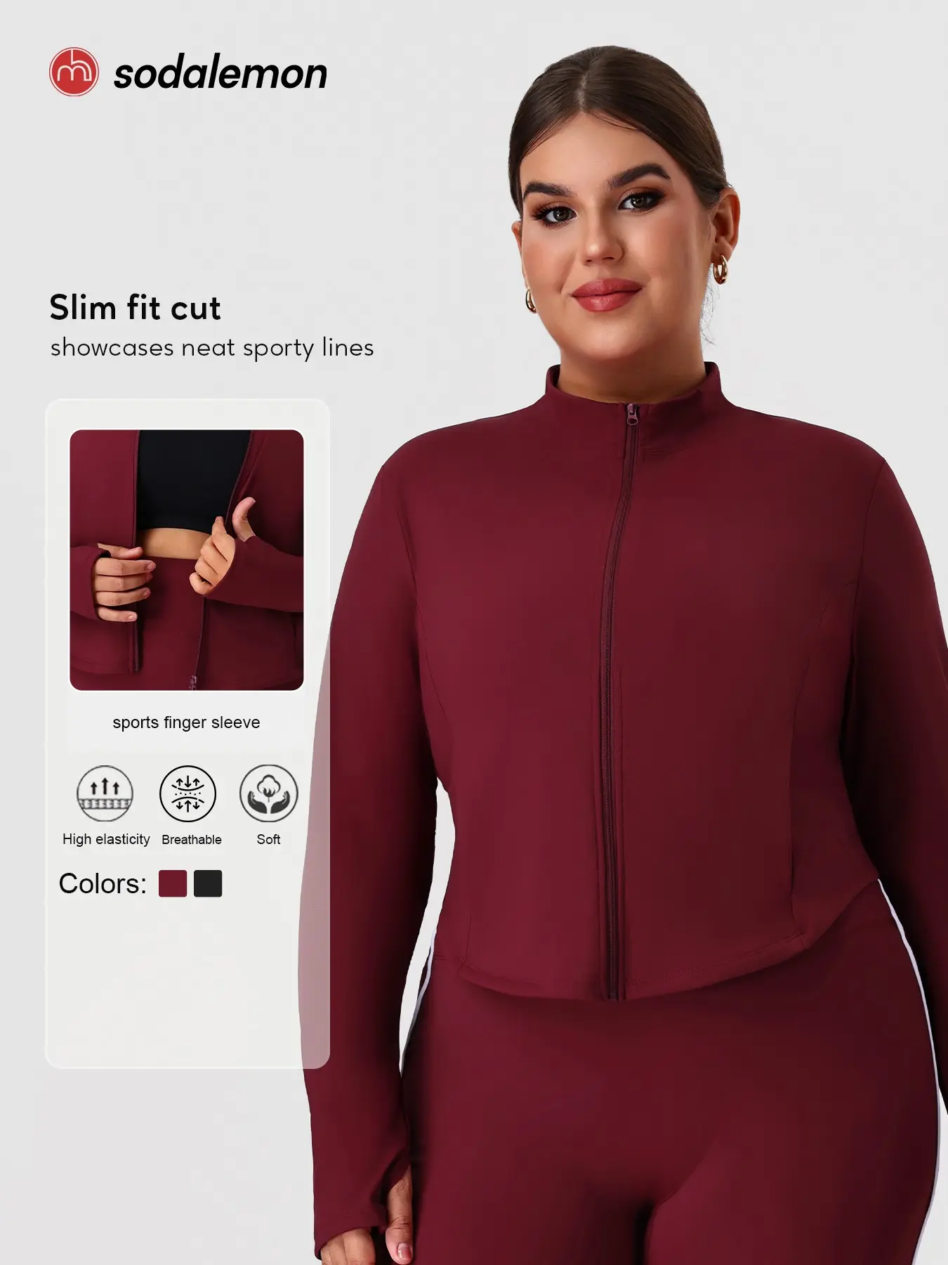 Women's Plus Size Long Sleeve Zippered Jacket, Two Pockets and Thumb Holes Design, Ideal for Running and Fitness, Casual Sun Protection Outerwear