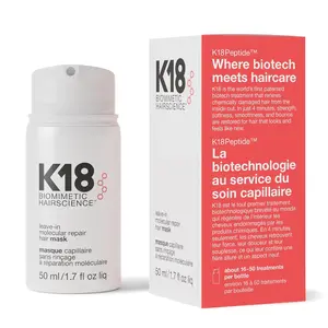 K18 Leave-In Molecular Repair Hair Mask 50mL, 4-Minute Peptide Hair Treatment Cream for Bleach, Color, Chemical & Heat Damaged Hair