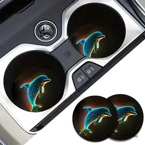 2Pcs Glowing Dolphin Car Cup Coaster Absorbent Ceramic Cup Holder Mat Ocean Mermaidcore Aesthetic Car Gadget Travel Road Trip Birthday Gift