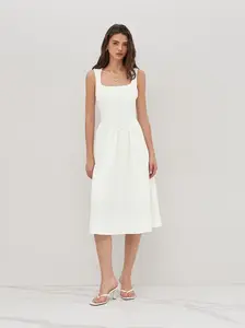 Cider Linen-blend Square Neck Ruffle Midi Dress