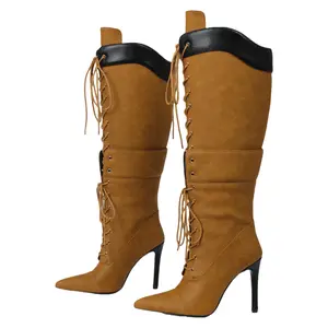 Women's Knee High Heel Boots Western Lace-Up Boots Pointed Toe Thin Heels Boots Fashionable Cowboy Boots