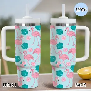 PIKPAKA Flamingo Pattern Vacuum Flasks 40oz Stainless Steel Tumbler with Handle & Straw, Vacuum Insulated Travel Mug Keeps Drinks Cold Up to 12 Hours, Leak-Resistant Cup for Iced Coffee, Water, Office, Gym or Travel