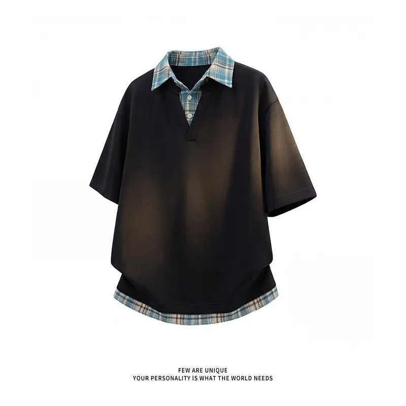 Summer plaid patchwork faux two-piece set, men’s short-sleeve polo shirt, preppy collared T-shirt top, #SummerWins, #Father’sDayGift