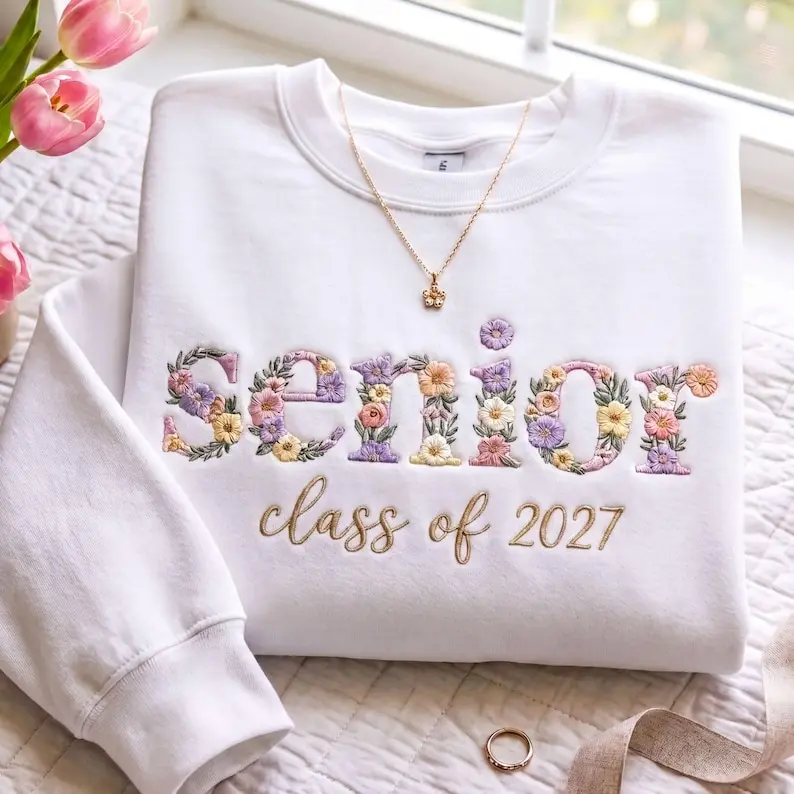 Personalized Floral Senior Crewneck Sweatshirt, Embroidered Class of 2027 Pullover, Custom Name