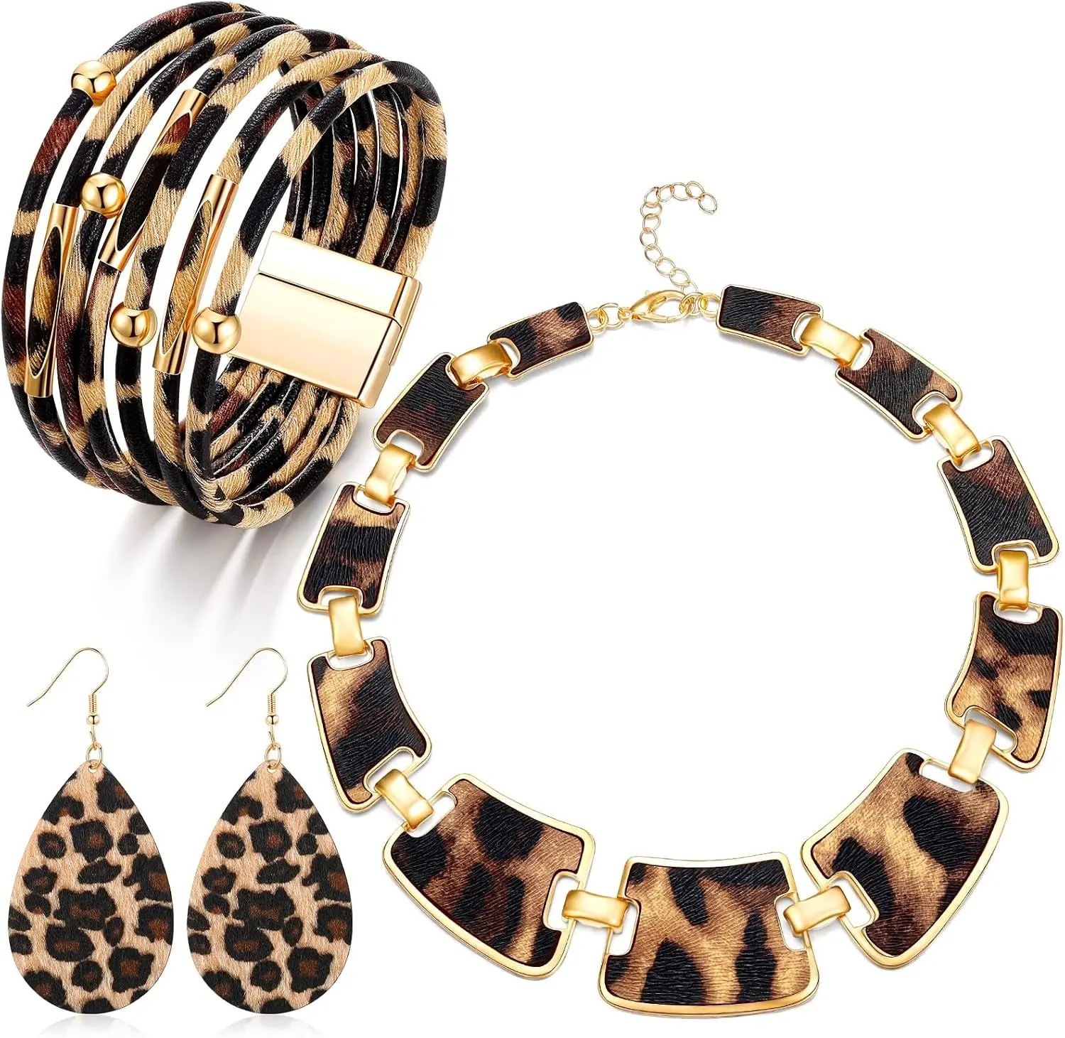 Junkin 3 Pieces Leopard Jewelry Set Leopard Necklace Earrings Bracelets Cheetah Print Safari Costume Multilayer Leather Cuff Bracelet Bohemia Wrist Cuff Wrap Gift Accessories for Women