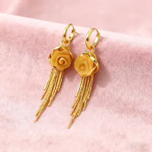 Rose Tassel Earrings Golden Plated Long Drop Earrings French Style Floral Earrings Sparkling Chain Jewelry, Elegant Statement Earrings for Women