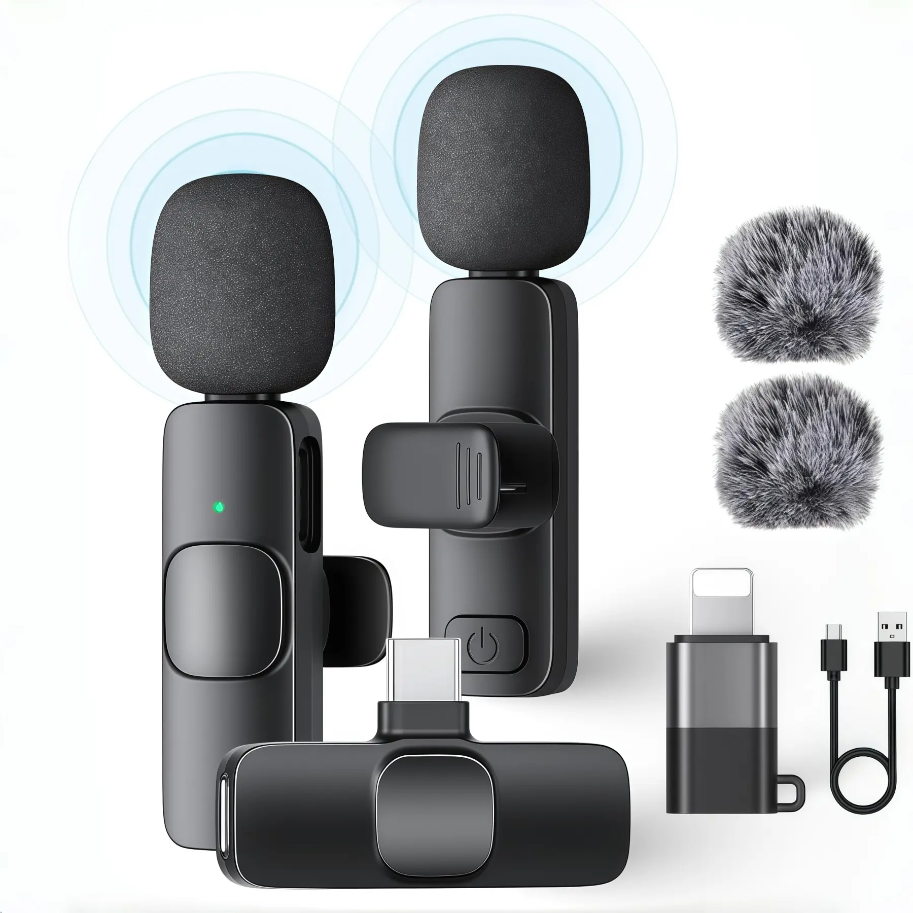 2 Pack Portable Clip-On Wireless Lavalier Microphones with USB Rechargeable Receiver, Plug Connector, USB Power Cable, Intelligent Noise Cancellation, Charging for iOS & Android Devices - Ideal for Video Recording, Podcasts, Device, Audio, Lapel, 5 Hours,