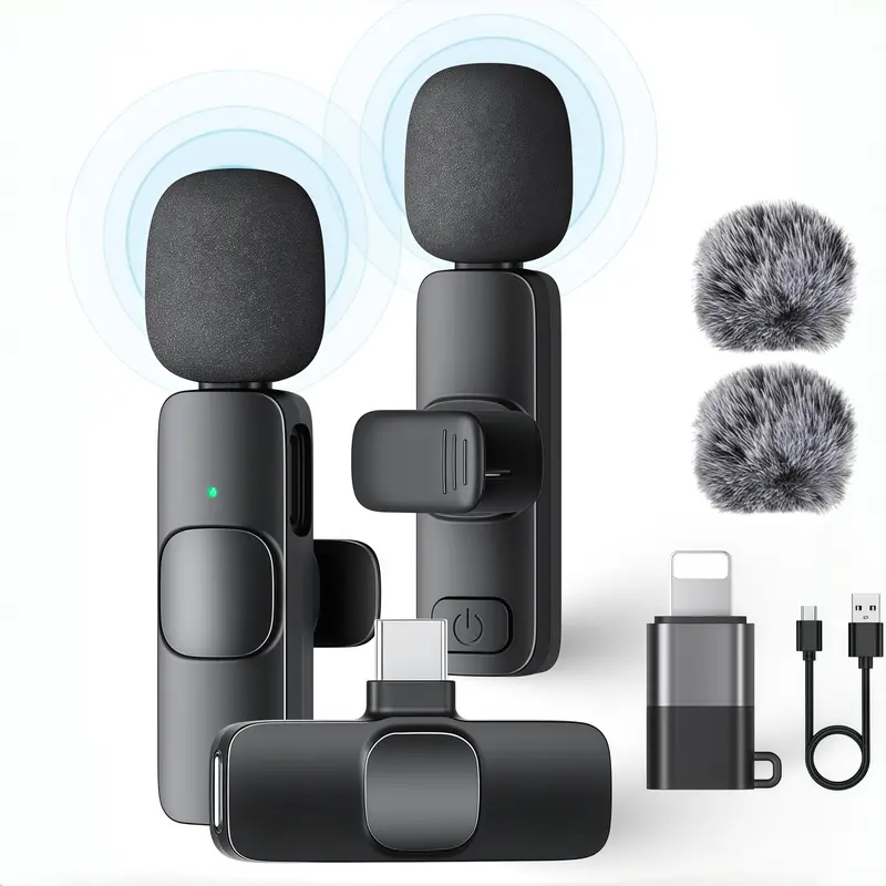 2 Pack Portable Clip-On Wireless Lavalier Microphones - USB Rechargeable Receiver, Plug Connector, USB Power Cable, Intelligent Noise Cancellation, 5H Charging for iOS, Android & iPads, Ideal for Video Recording, Business Engagement, Anniversary Events