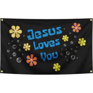 Jesus Loves You TapestryFunny Inspirational Banner - Religious Church Decoration Bedroom Outdoor/Indoor Faith Murals and Courtyard Signs (black)