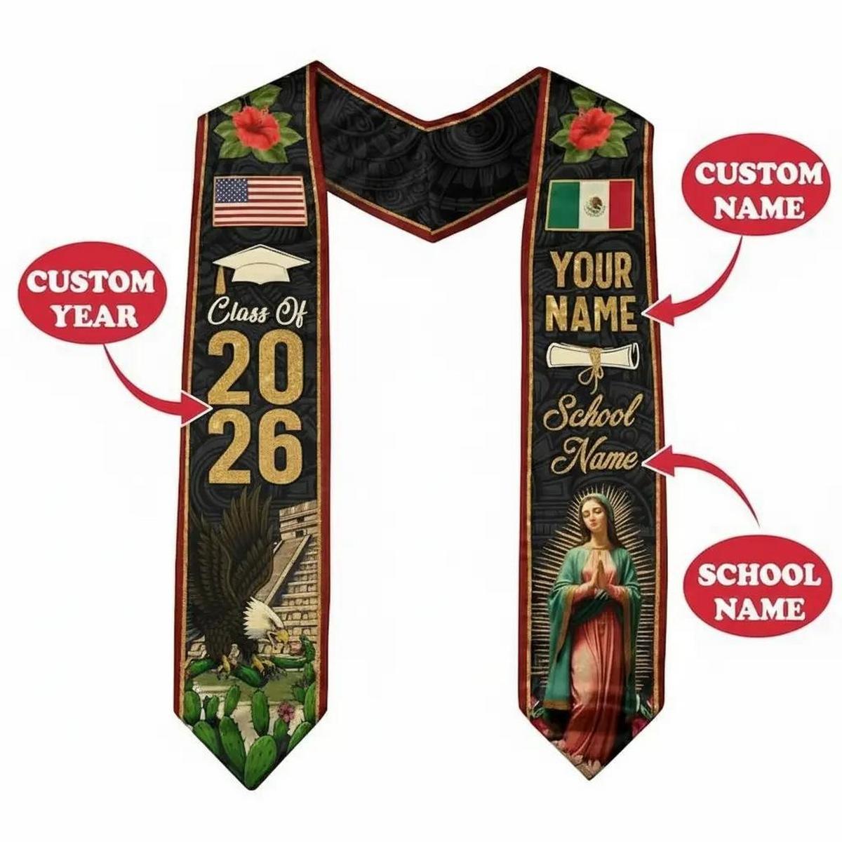 Mexican Graduation Sash Style Graduation Stole Class of 2026 Sash, Custom Graduation Gift for Student , Mixed Flag Graduation Scarf