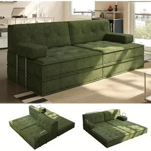 81.5'' Convertible Sofa Bed, Oversized Corduroy Modular Boneless Couch with 2 Pillows, Pull Out Couch with Fixed-Shape Frame, Foldable Sleeper Sofa for Living Room(Green)