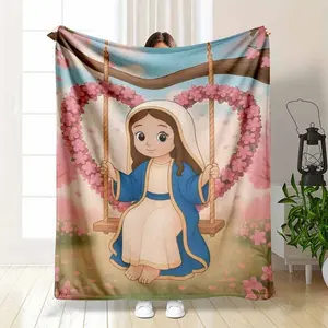 Holy Mother Mary themed flannel blanket heart shaped cherry blossom print ultra soft plush throw lightweight cozy bedding for living room sofa prayer meditation home decor Easter gifts