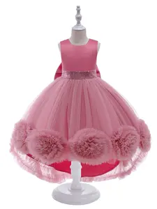Kids Clothes Flower Girl Bow Floral Mesh Trailing Skirt Ball Gown Pageant Children Elegant Performance Princess Prom Host Formal Evening Party Cocktail Dress for all Season 2 to 10 Years