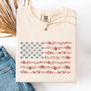 Floral America Flag, USA, America, 4th of July Comfort Colors T-Shirt, Women's Comfort Colors Tee