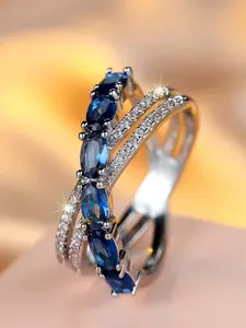 Blue Synthetic crystal oval stone cross rings for women fashion silver color wedding ring wedding jewelry simple fashion birthday gifts