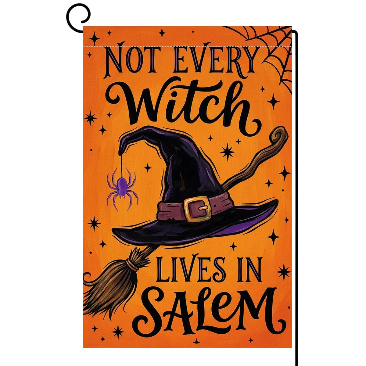 Fall Halloween Not Every Witch Lives in Salem Garden Flag 12x18 Yard Decor | Vertical double sided burlap, weather and fade resistant; design with purple pointed hat, broom, spider web and stars, spooky