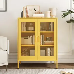 Metal Locker Storage Cabinet with 2 Mesh Doors and Adjustable Shelves,Yellow Metal Locker Cabinets,Coffee Bar Cabinet,Kitchen Pantry Storage Cabinets for Home,Sideboard,Office(40" H)