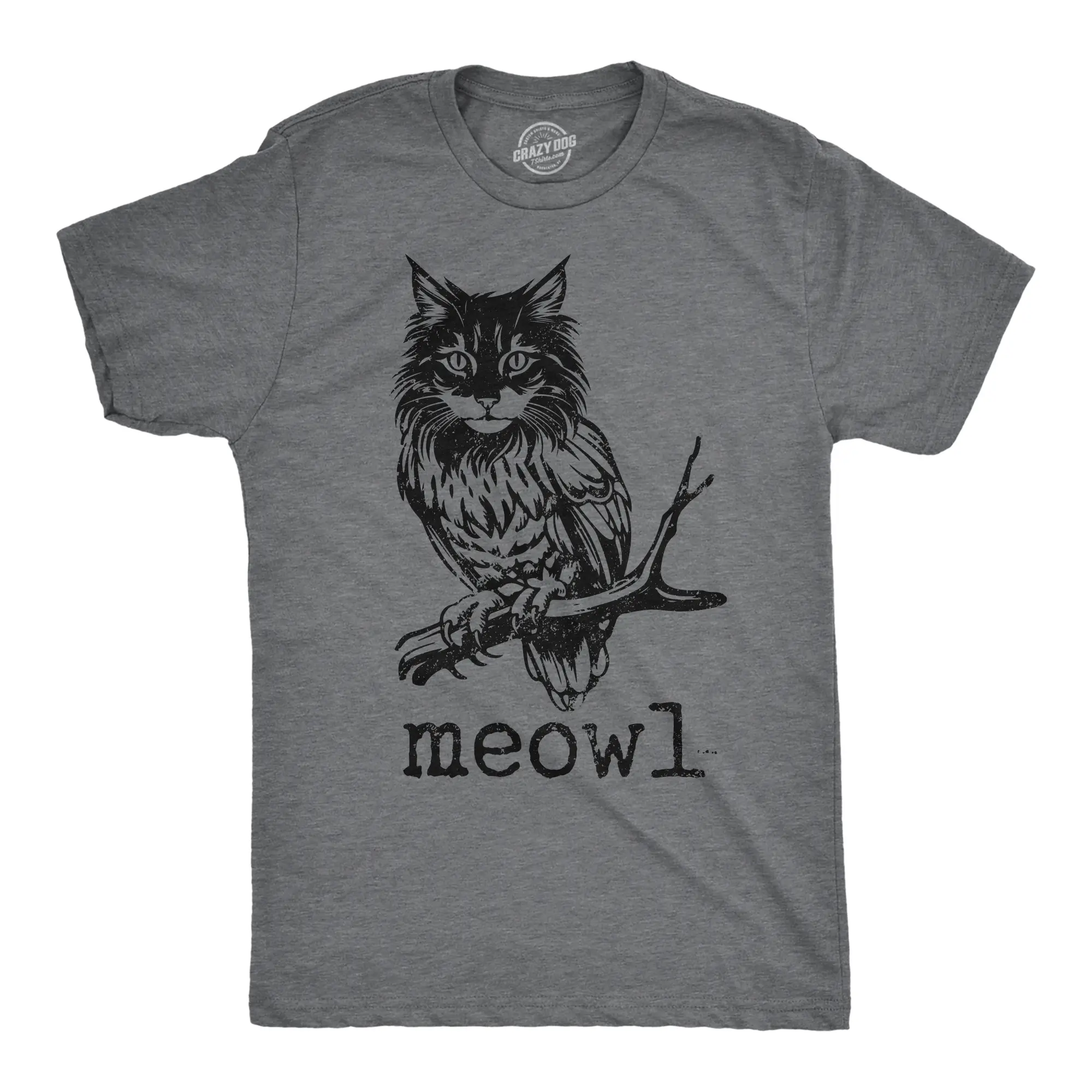Mens Funny T Shirts Meowl Sarcastic Cat Owl Graphic Novelty Tee for Men Mens Funny T Shirts Cool Vintage Fashion T-Shirt Gift Classic Menswear Sarcastic Apparel for Men Funny Cat Short Sleeve Novelty Tees for Dark Grey