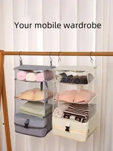 Portable Hanging Travel Shelf Bag, Hangable Large Capacity 4 Layer Foldable Travel Wardrobe, Includes 2 Hooks for Clothes & Socks Storage, Clothes Organizer