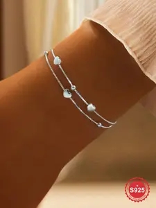 S925 Sterling Silver Cute Heart Charm Bracelet, Fashionable Double Layered Bracelet for Women & Girls, Trendy All-match & Exquisite Jewelry for Birthday Gift
