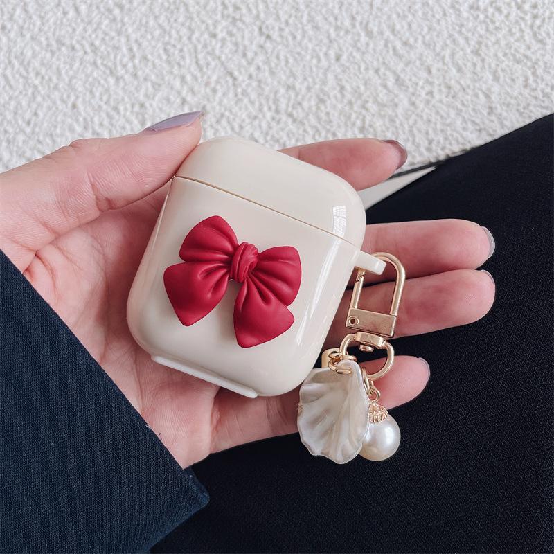 Bow Shell Earphone Case Cover | Cute Wireless Earbud Protective Case | Beige & Red Bow Pendant Charm