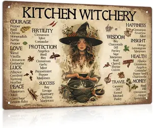 " Kitchen Witchery" Vintage Metal Sign – Retro Witch Herb Wall Art for Rustic Kitchen, Coffee Bar, Pagan Wicca Home Decoration Sign Art 8x12 Inch