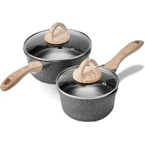 Pots Nonstick, 1.5 Quart & 2.5 Quart Induction Granite Coating Saucepan Sets with Glass Lid & Pour Spout, PFOA Free (Grey, 4pcs Pots Set)