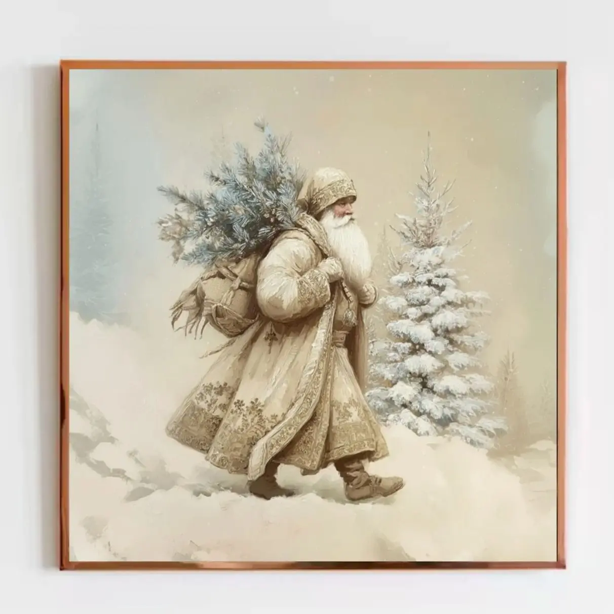 Santa Claus Vintage Art Print, Poster for Neutral Christmas Decor, Beige Winter Holiday Wall Art | Framless Poster O