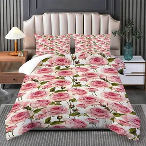 2/3 Pcs Pink Rose Floral Cluster Bedding Quilt Set, Includes Soft Warm Quilt & 1/2 Pillowcases (no filler), Soft Cotton Skin-friendly All-season, Fits Wedding-themed Homestay/Family Wedding Room/Pink Rose Floral Romantic Quilt Set, Soft Bedding Sets