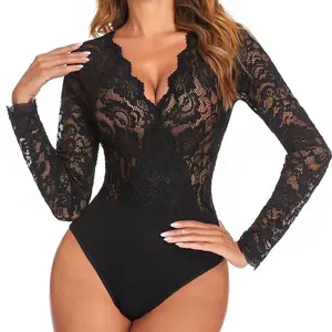 Women’s Lace Bodysuit, Long Sleeve, V-Neck, Going-Out Top, Snap Crotch, One-Piece Lingerie GARMENTARY
