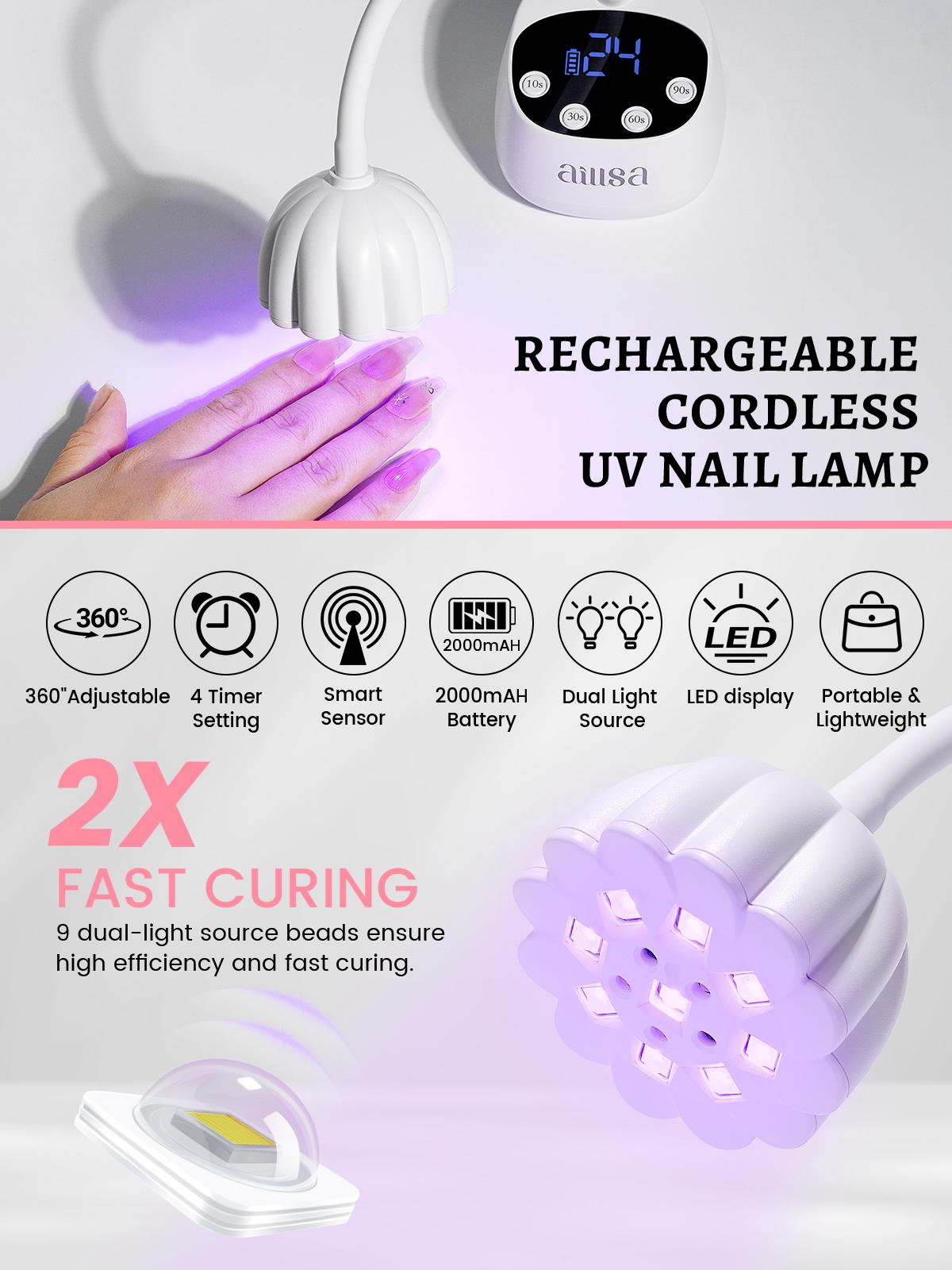 AILLSA Flash Cure UV LED Nail Lamp, Rechargeable Portable Nail Light with Gooseneck, 4 Timers & Auto Sensor, Fast Curing for Gel Polish, Nail Glue, Press-On & Nail Art DIY