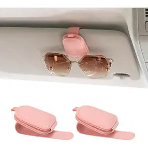 2 Packs Sunglasses Holders for  Visor -  Leather Sunglasses Holder and Ticket Card Clip -  Visor Accessories (Pink)