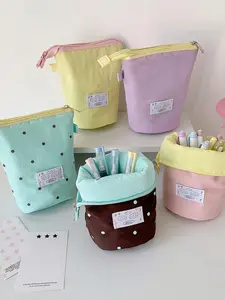 Korean Style Girl Polka Dot Pencil Case, Student Dual-Use Desktop Pen Holder, Expandable Portable Stationery Bag, School & Travel Multi-Functional Makeup Storage Bag, Office Desk Accessories