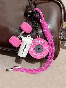 Sports trend cool decoration accessories, fitness elements personalized keychain, Stylish keychain, with dumbbell barbell decoration design, woven hanging rope, can be used as bag decoration and carried around, Wristlet Strap