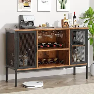 Upgraded Wine Bar Cabinet with Back Panel, Liquor Cabinet with LED Lights & Power Outlets, Adjustable Shelves, Glass Holders & Storage, Coffee Station for Kitchen/Home, Rustic Brown