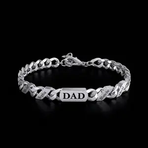 Father's Day Gift Personalized Leather Bracelet for Dad, DIY Engraved Men's Hip Hop Cuban Chain, Parent-Child Bracelet Set