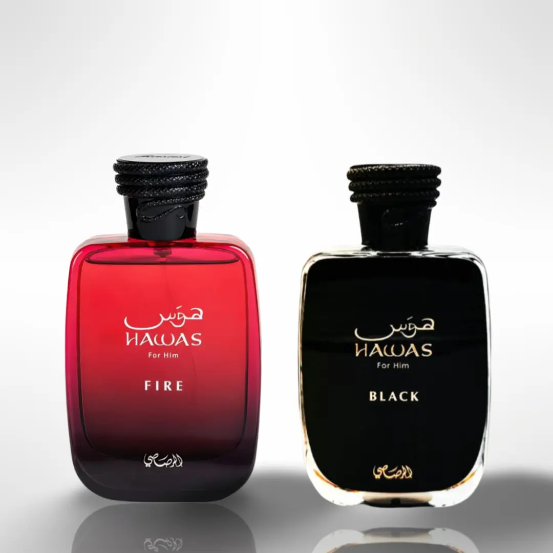 Rasasi 2-Piece Unisex Fragrance Gift Set - Hawas Black EDP Spray, Hawas Fire Business Scent, Black Spray Perfume, Aromatic-Musk-Potent Unisex Fragrance Bottles