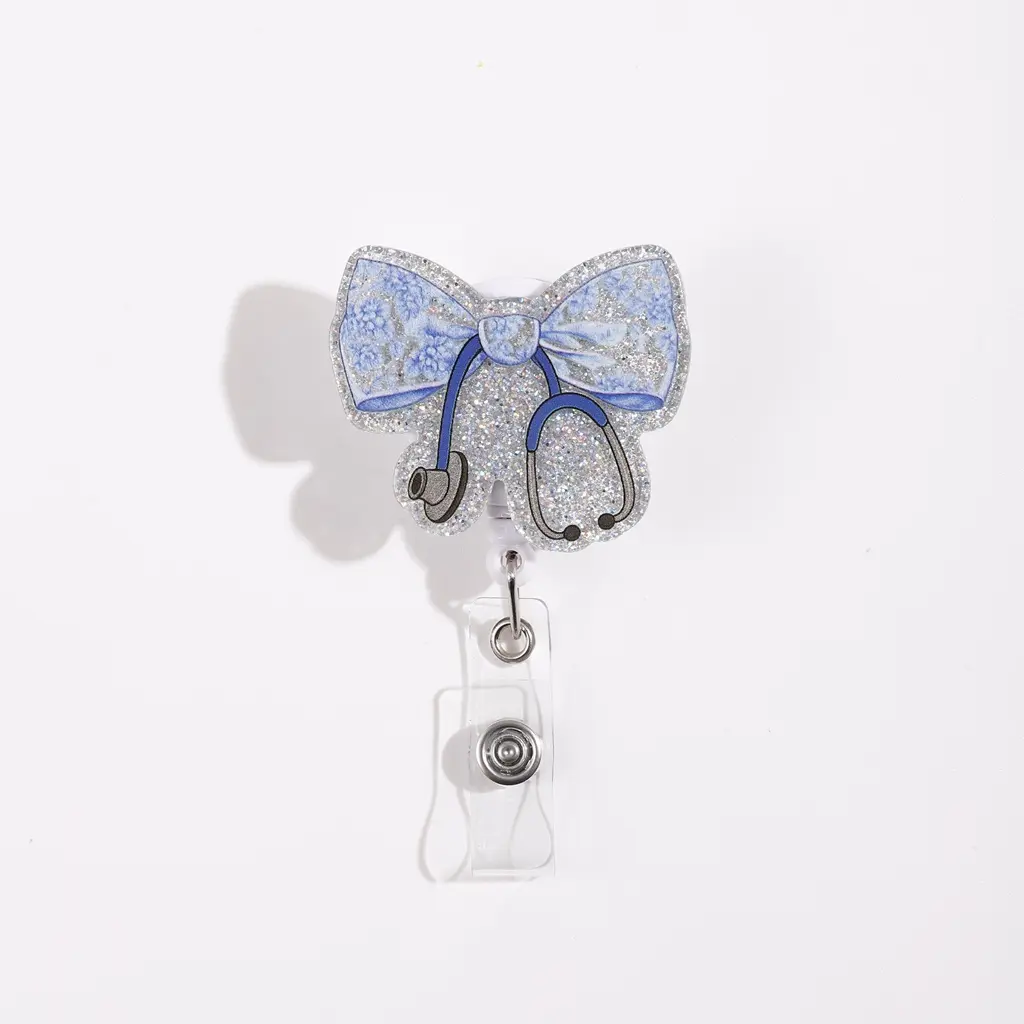 Blue Ribbon Nurse Badge Reel Badge Holder with Silver Color Glitter Design, Stethoscope Pattern Accessory for Medical Professionals & Students Nursing Badge Reel