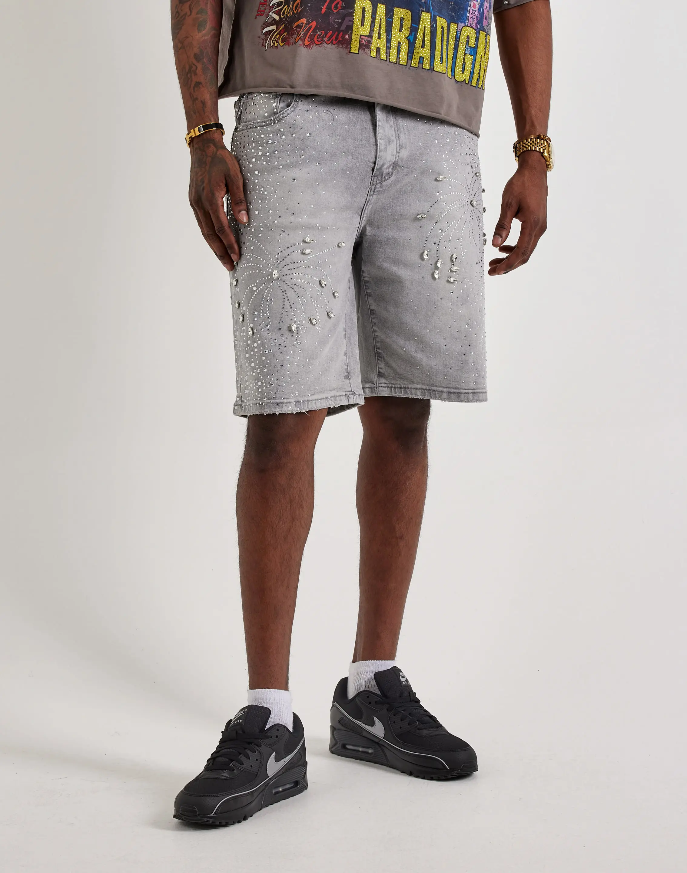 Mens Vicious Denim Rhinestone Burst Denim Shorts