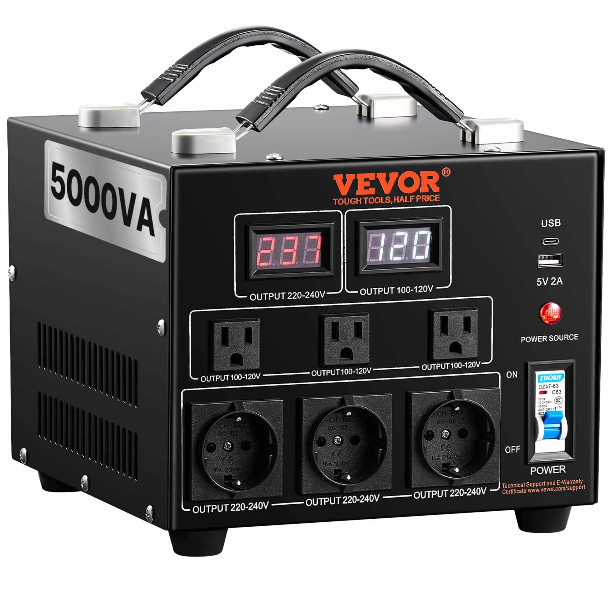 【Summerfinds】VEVOR Heavy-Duty 5000W Max Step-Up/Down Voltage Converter Transformer Tool, Overload Safe, CE-Certified, Compact Form, Metal Housing, Carry Handle, LED Display Screen, 15A, US/EU AC Outlets, 5V USB Port, 10.6 x 9.5 x 8.5 in, 12.8 kg, 28.2 lbs